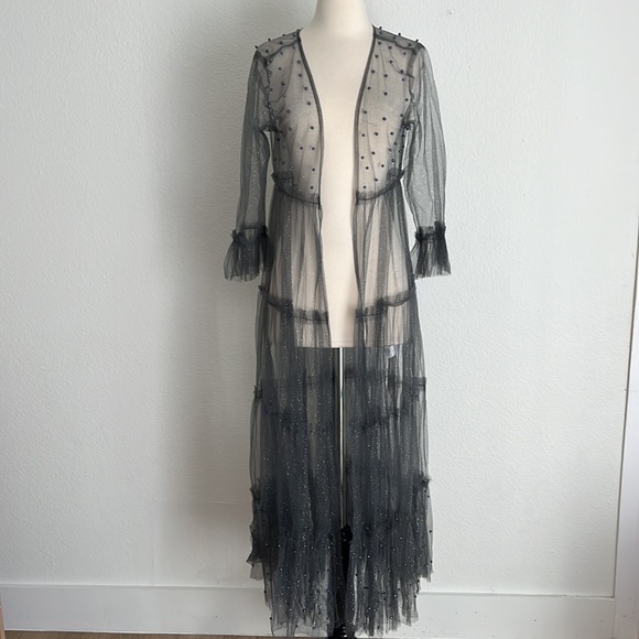 Anthropologie Elizabeth Gillett Embellished Beaded Mesh Tulle Duster One Size - Picture 7 of 13